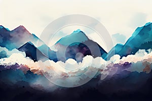 Watercolor painting mountains and sky background. Generative ai design