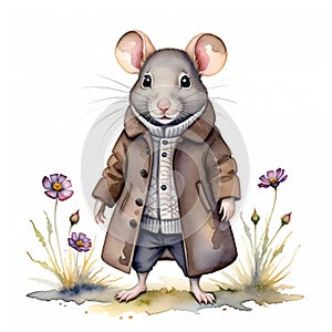 Watercolor painting of a mouse standing in a winter coat surroun