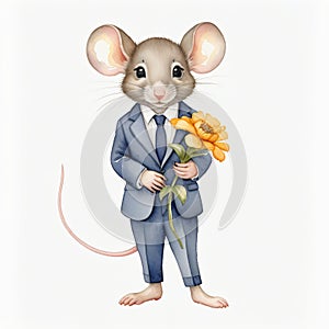 Watercolor painting of a mouse wearing a blue suit, bow tie, hol