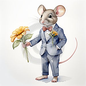 Watercolor painting of a mouse wearing a blue suit, bow tie, hol