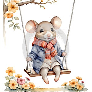 Watercolor painting of a mouse wearing a jacket and scarf, sitti