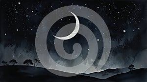 Watercolor Painting: Mystical minimalist painting capturing the essence of a single crescent moon glowing against a dark, starry photo