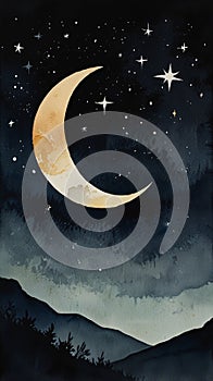 Watercolor Painting: Mystical minimalist painting capturing the essence of a single crescent moon glowing against a dark, starry photo