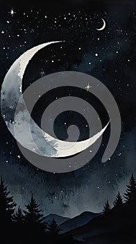 Watercolor Painting: Mystical minimalist painting capturing the essence of a single crescent moon glowing against a dark, starry photo