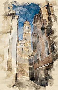 Watercolor painting of narrow street i Venice, Italy,  with view to the San Maurizio church