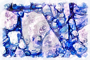 Watercolor painting - nature background with blue toned stones. Modern digital art, imitation of hand painted with aquarells dye