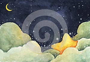 Watercolor painting of night sky with crescent moon and shining stars
