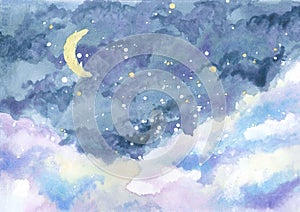 Watercolor painting of night sky with crescent moon among stars