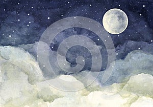 Watercolor painting of night sky with full moon and shining stars