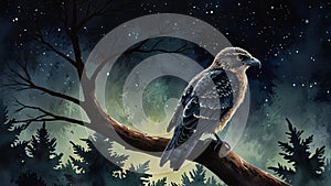 Watercolor painting: A nighthawk perched atop a tall tree, its cryptic plumage making it almost invisible against the night s photo