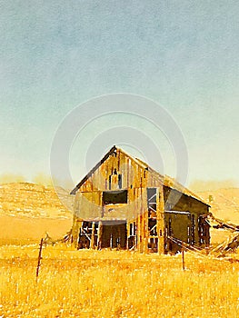 Watercolor painting of Old abandoned barn in the countryside of Idaho, USA