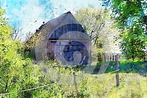 Watercolor painting of old barn at Havelland region in Germany. Springtime. fresh green on bush and tree