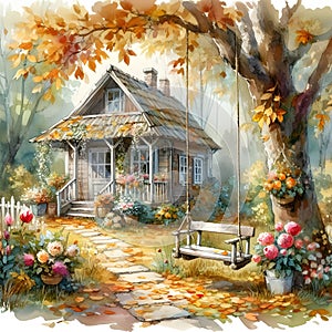 Watercolor painting of an old house with flowers in the garden.