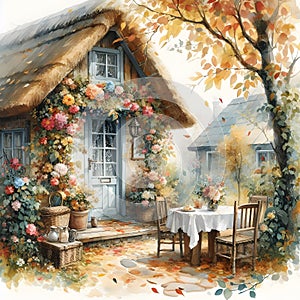 Watercolor painting of an old house with flowers in the garden.