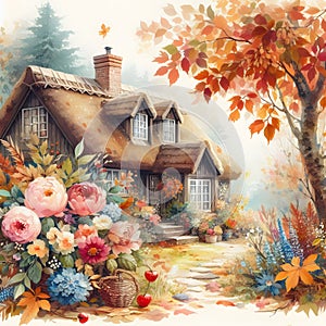 Watercolor painting of an old house with flowers in the garden.