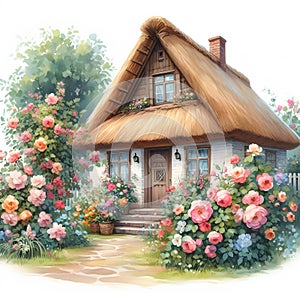 Watercolor painting of an old house with flowers in the garden.