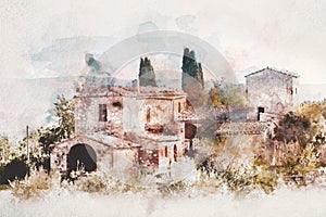 Watercolor painting of an old house in Tuscany, Italy