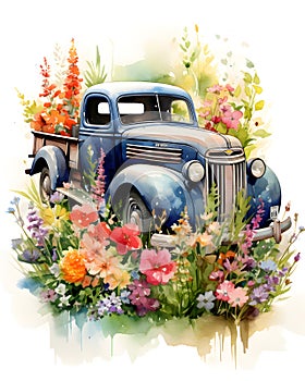 Watercolor Painting of an Old Truck in a Field of Wildflowers