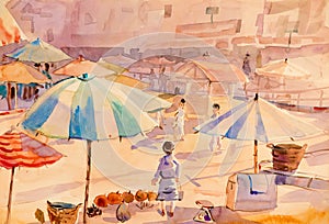 Watercolor painting original colorful of market town