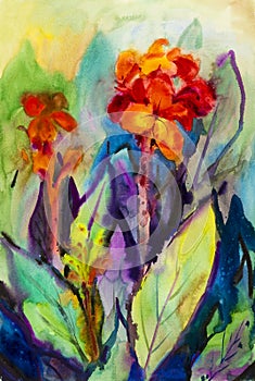 Watercolor painting original flower colorful of canna Lily flower