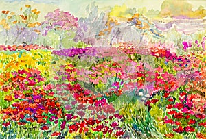 Watercolor painting original landscape colorful of flowers fields in garden