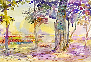 Watercolor painting original landscape of garden flowers