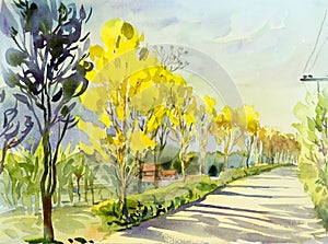 Watercolor painting original landscape yellow color of golden tree.