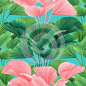 Watercolor painting palm leaf,green ,pink color leaves seamless pattern on blue background.Watercolor summer illustration tropical