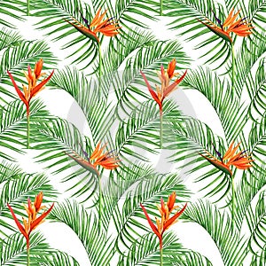 Watercolor painting palm leaves seamless pattern with flowers background.Watercolor hand drawn illustration tropical exotic leaf p