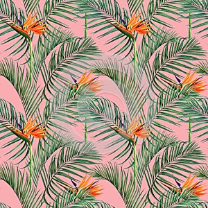 Watercolor painting palm leaves seamless pattern with flowers background.Watercolor hand drawn illustration tropical exotic leaf p