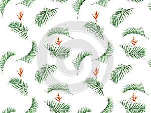 Watercolor painting palm leaves seamless pattern with flowers background.Watercolor hand drawn illustration tropical exotic leaf p