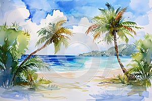 Watercolor painting of palm trees, palm tree on the beach with sea