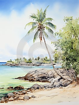 Watercolor painting of palm trees, palm tree on the beach with sea