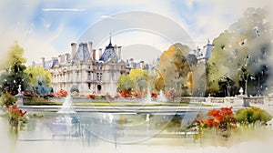 Watercolor Painting Of Paris Park And Palace: Uhd Image With Opacity And Translucency