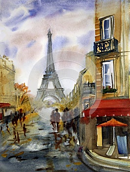 Watercolor painting of Paris street with Eiffel Tower
