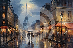 Watercolor painting of Paris street with people walking under umbrellas, Impressionism painting of a town in the evening, AI