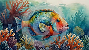 Watercolor painting: A parrotfish nibbling on coral, its beak-like mouth and vibrant scales reflecting its unique adaptations and photo