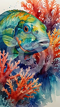 Watercolor painting: A parrotfish nibbling on coral, its beak-like mouth and vibrant scales reflecting its unique adaptations and photo