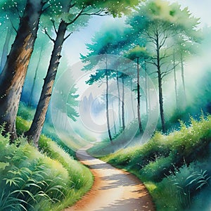 a watercolor painting of a path through a forest with trees on both sides of the path and fog in ther above the