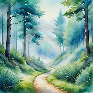 a watercolor painting of a path through a forest with trees on both sides of the path and fog in ther above the