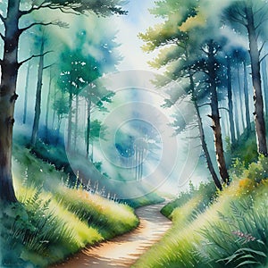 a watercolor painting of a path through a forest with trees on both sides of the path and fog in ther above the