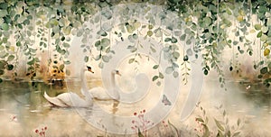 Watercolor painting pattern of flowers surrounding the lake with a pair of white geese in vintage style for wall painting photo