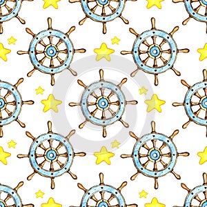 Watercolor painting pattern of vintage wooden ship steering wheel and stars.