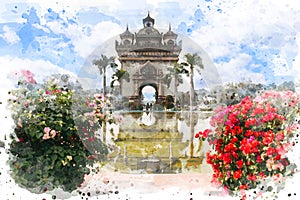 Watercolor painting of Patuxai Victory Gate with pink Bougainvillea in foreground, Destination Scenic of Vientiane, Laos