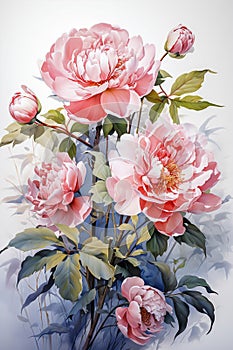 Watercolor painting of peony, with stems and leaves. Generative ai