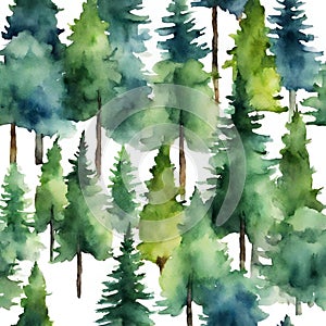 Watercolor painting of pine trees evergreen forest background.