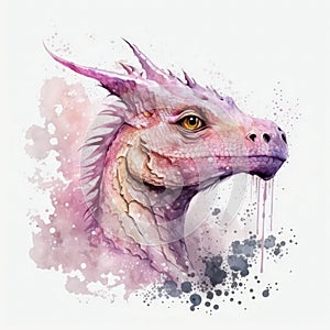 Watercolor painting of a pink dragon with paint splatters.