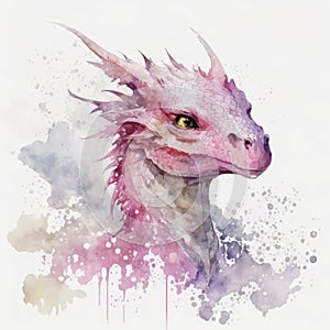 Watercolor painting of a pink dragon with paint splatters.