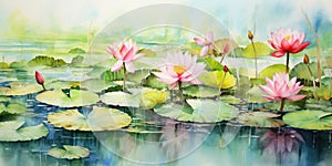 watercolor painting of pink water lilies