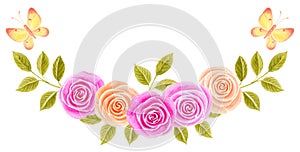 Watercolor painting with pink and yellow roses flowers bouquet and two butterflies isolated on white background. Floral ornament.